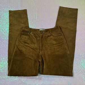 brown real leather straight leg trousers